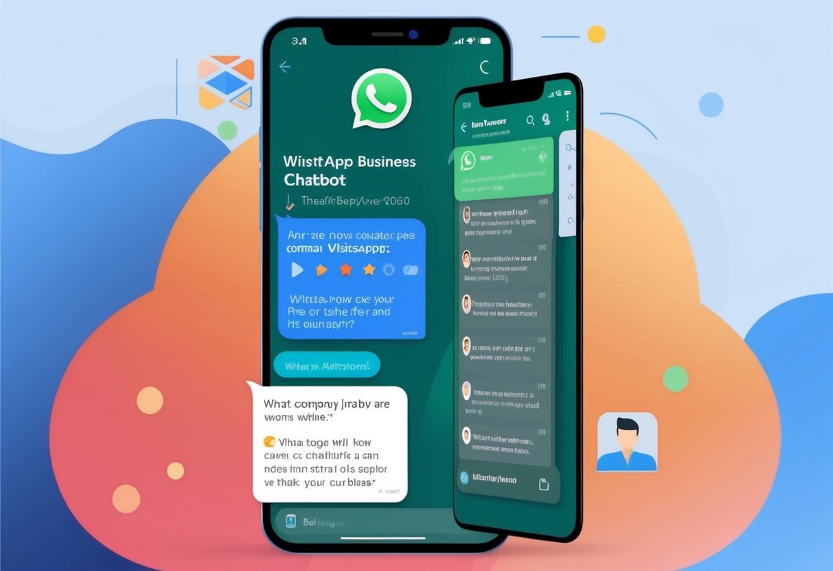 Um smartphone exibindo uma interface de chatbot do WhatsApp para Negócios com um logotipo da empresa e um thread de conversa com perguntas de clientes.