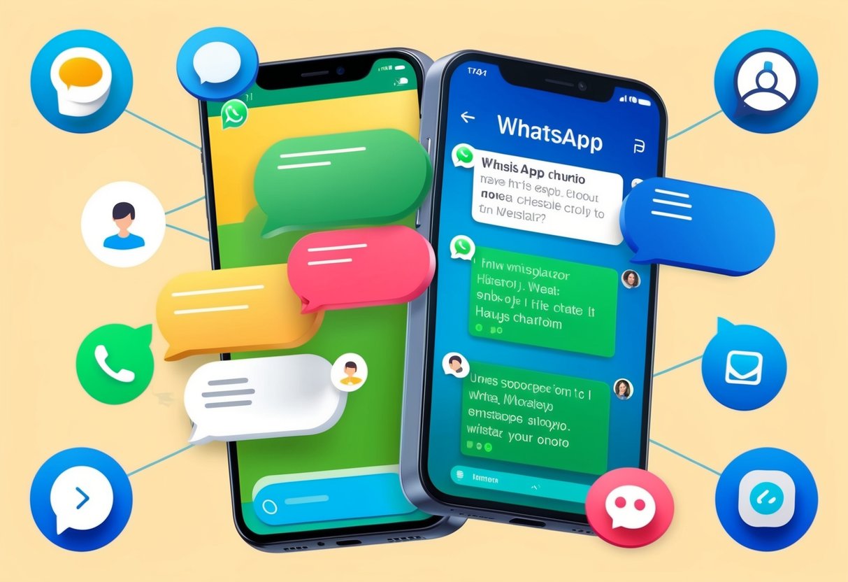 Um smartphone exibindo uma interface de chatbot do WhatsApp com bolhas coloridas e um histórico de chat, rodeado por ícones e botões para diferentes funções.