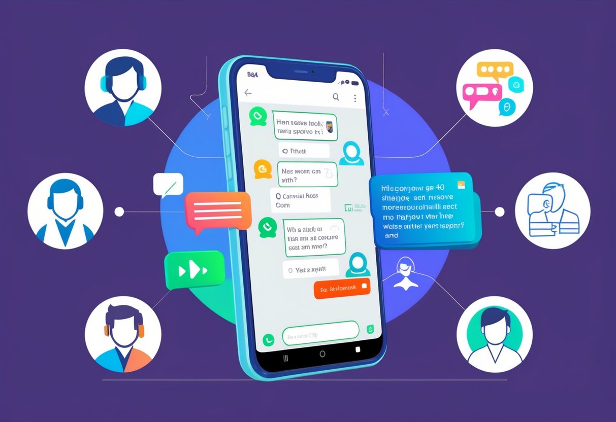 Um smartphone com uma interface de chatbot em uma conversa no WhatsApp, cercado por ícones que representam experiência do usuário e suporte.
