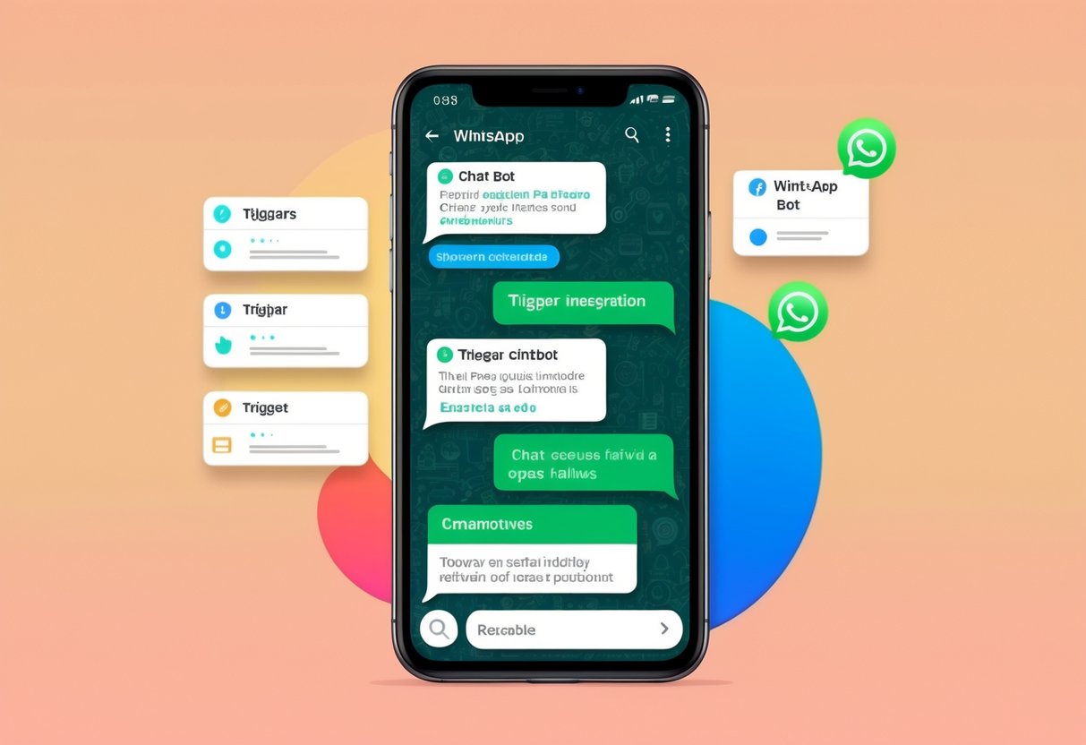 Um smartphone exibindo uma interface de chatbot no WhatsApp, com várias opções de integração e gatilho visíveis na tela