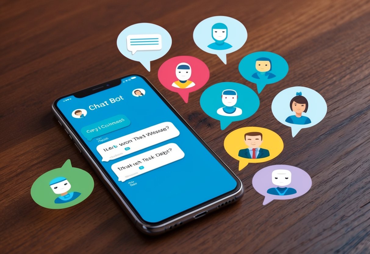 Um smartphone exibindo uma conversa de chat bot com várias bolhas de mensagem e uma seleção de diferentes avatares de chat bot