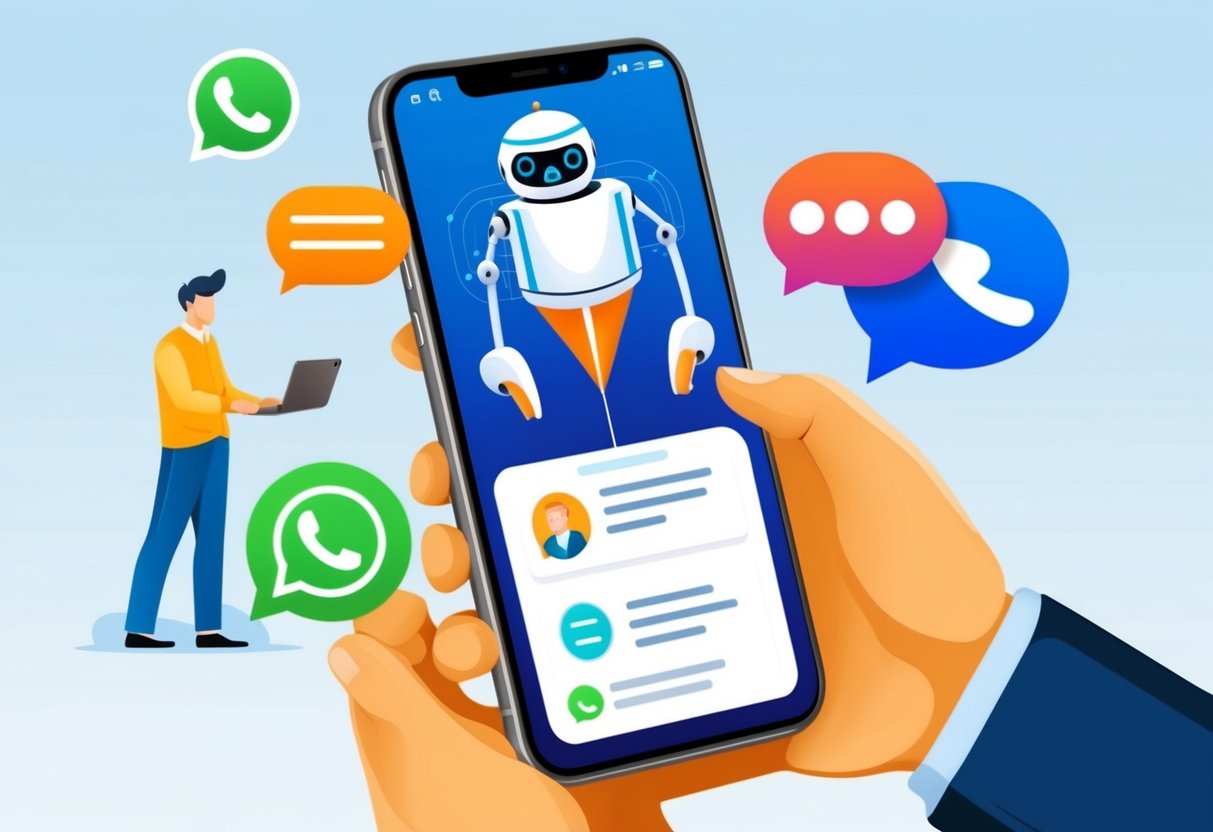 Um chatbot na tela de um smartphone interagindo com clientes via WhatsApp para estratégias de vendas