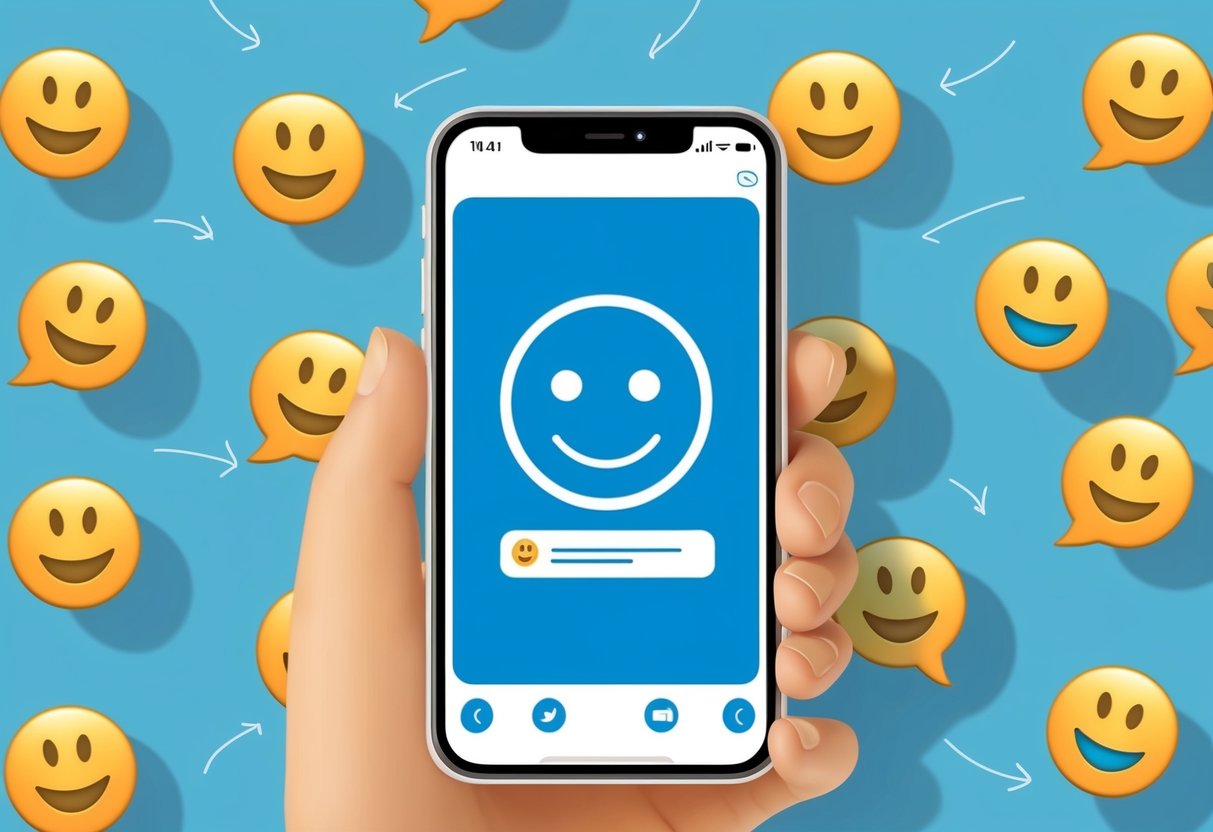 Um chatbot com um ícone de rosto sorridente na tela de um smartphone, cercado por emojis de feedback positivo