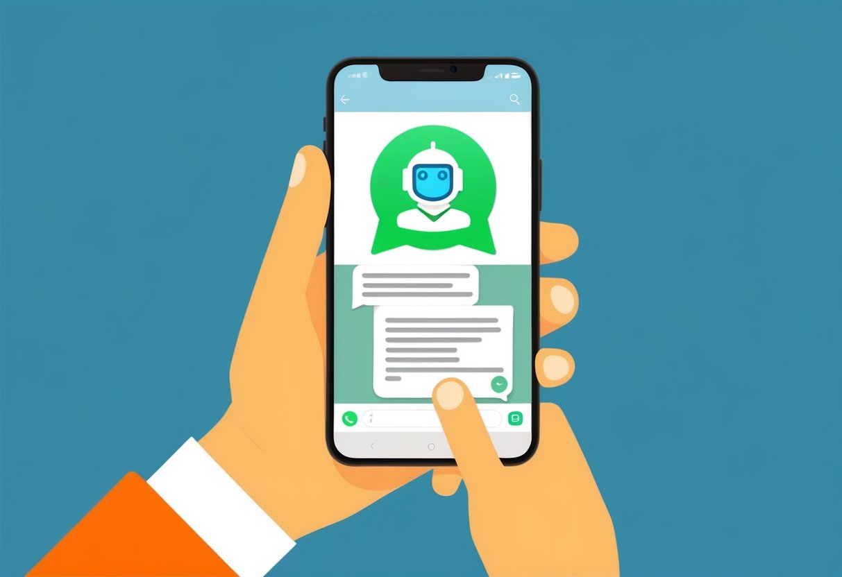 Um smartphone com um ícone de chatbot aberto em uma conversa do WhatsApp, indicando disponibilidade e acessibilidade
