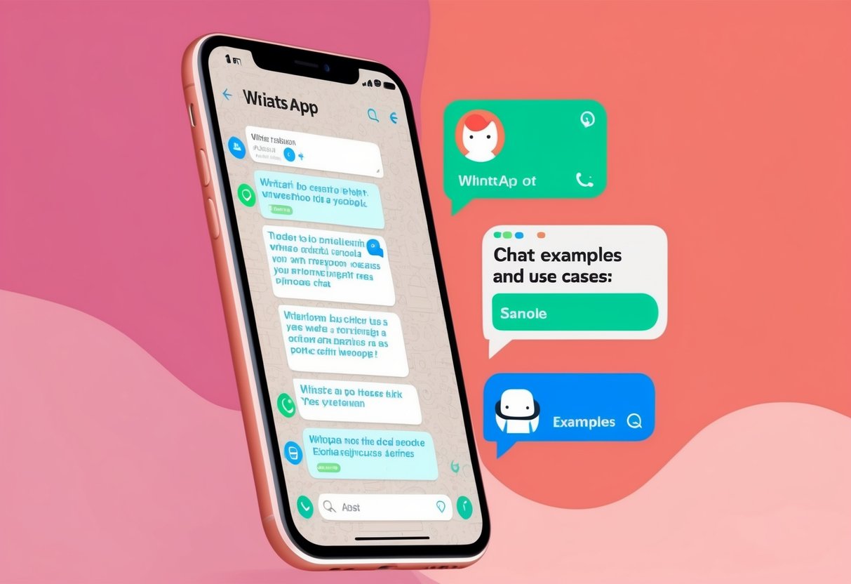 Um smartphone exibindo um chat do WhatsApp com um chatbot fornecendo exemplos e casos de uso