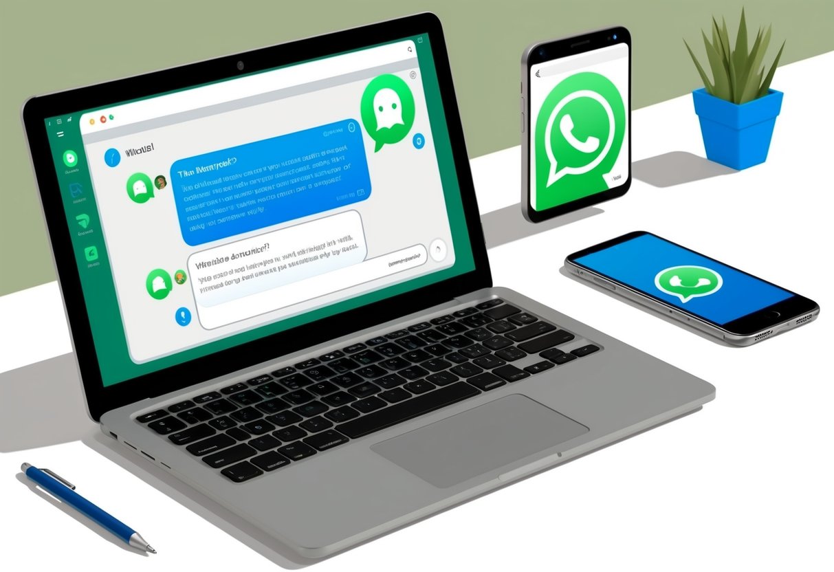 Um laptop aberto em uma mesa, exibindo uma interface de chatbot em uma conversa do WhatsApp com um smartphone ao lado.