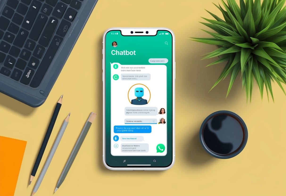 Um smartphone com uma interface de chatbot na tela do WhatsApp