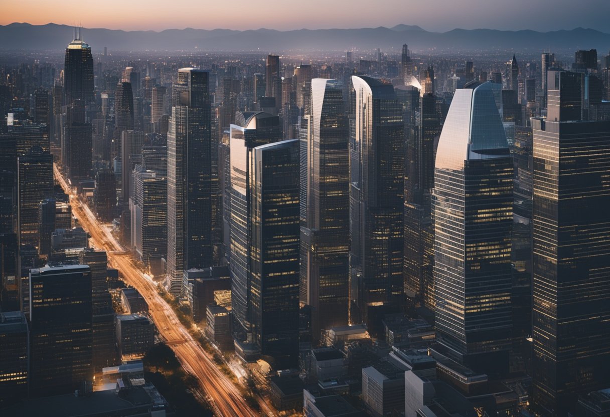 A bustling city skyline with office buildings and skyscrapers, surrounded by a vibrant urban environment