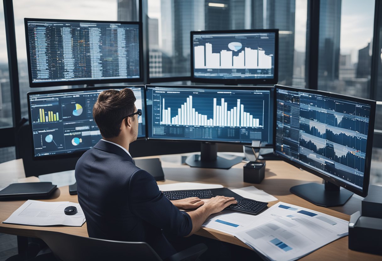 A person analyzing data and research on a computer, surrounded by charts and graphs, with commercial real estate properties in the background