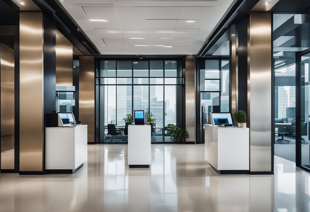 A sleek modern office lobby with a digital kiosk for lead capture, surrounded by glass-walled conference rooms and bustling professionals