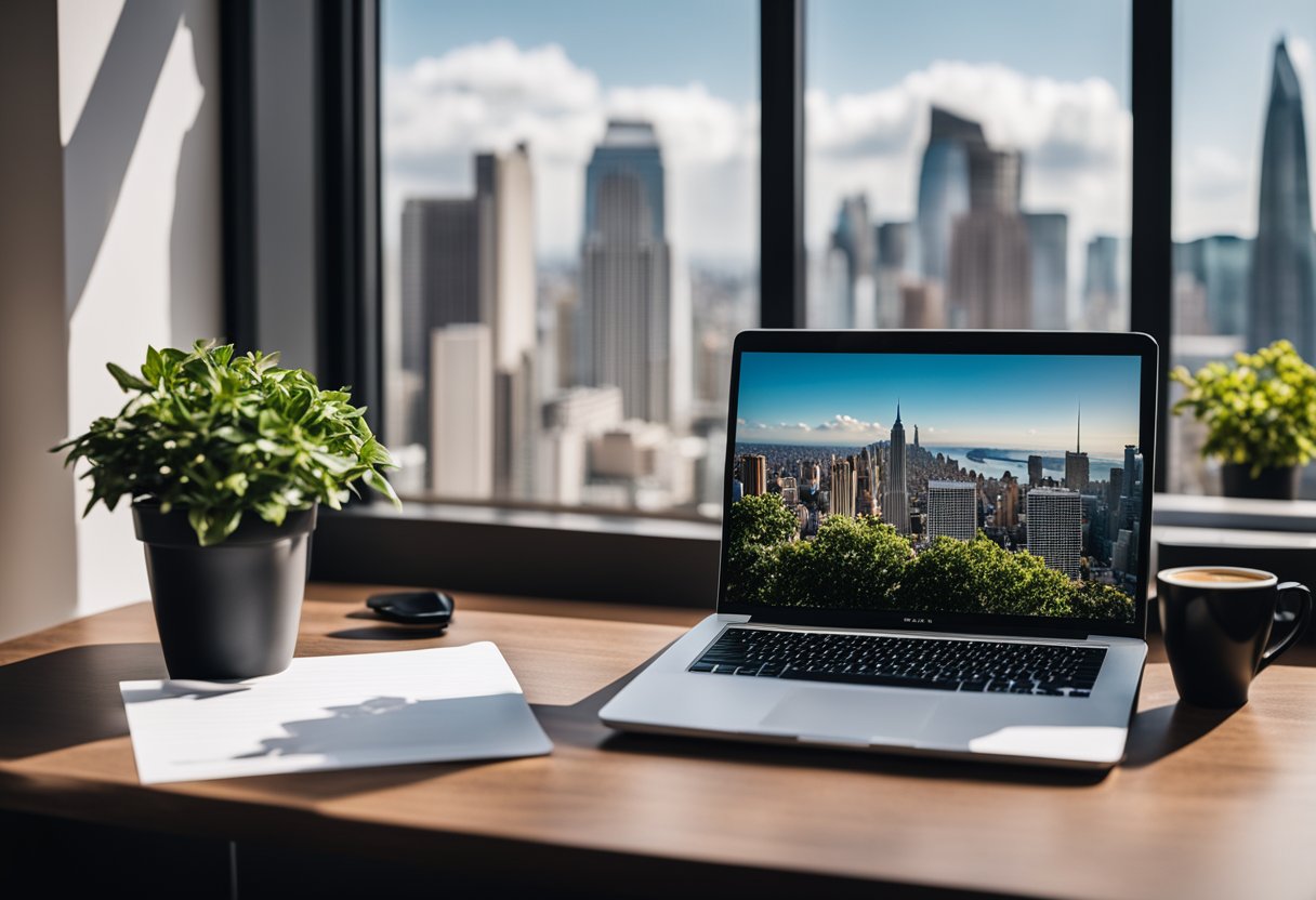 A laptop on a desk with a stack of papers, a cup of coffee, and a potted plant. A window shows a cityscape