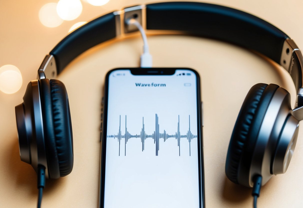 A smartphone with headphones plugged in, displaying a waveform on the screen