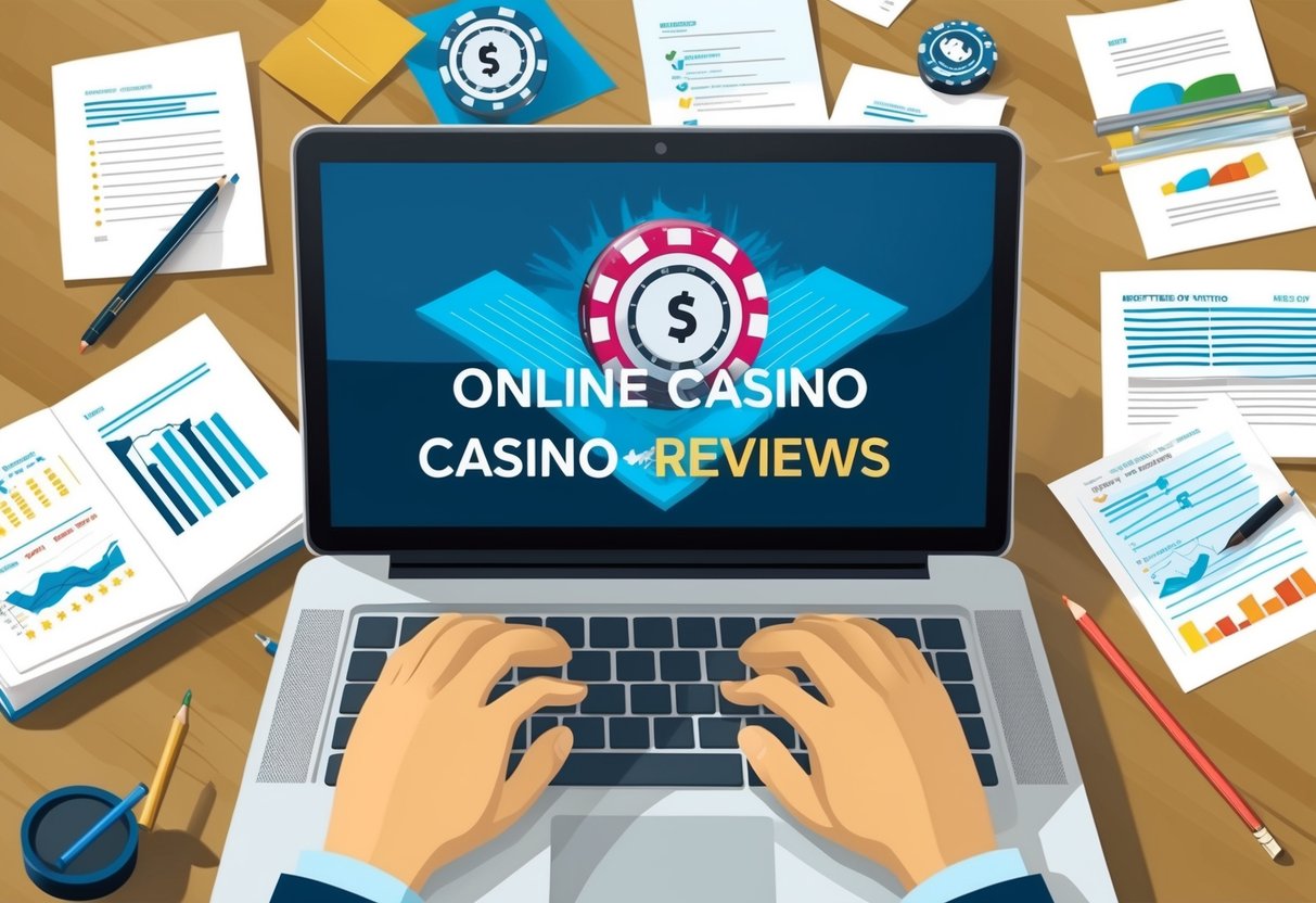 A person reading and comparing online casino reviews on a laptop, surrounded by papers and notes, with a focused and analytical expression.