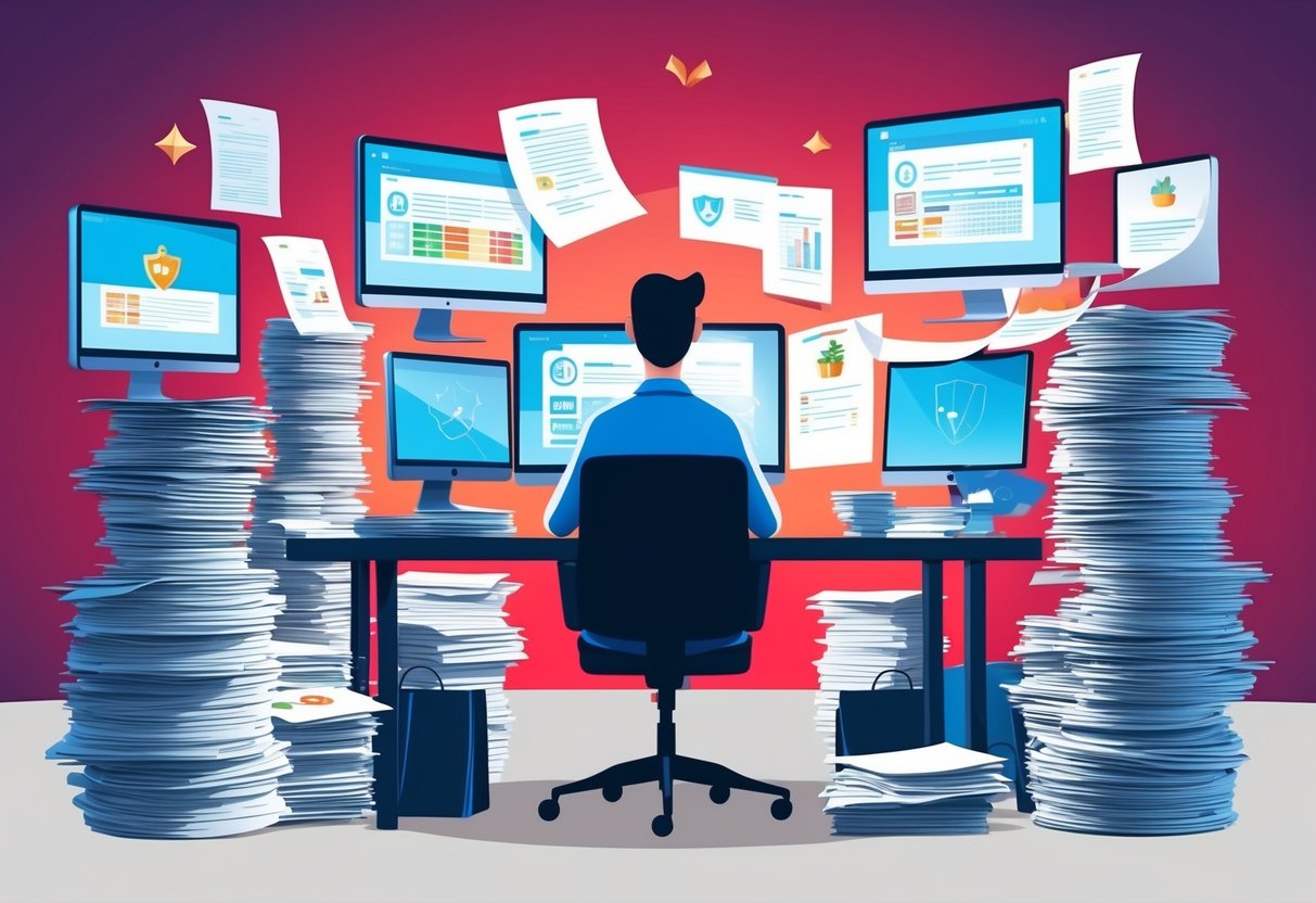 A person sitting at a desk surrounded by stacks of papers and computer screens, analyzing and assessing casino reviews for their security and reliability.