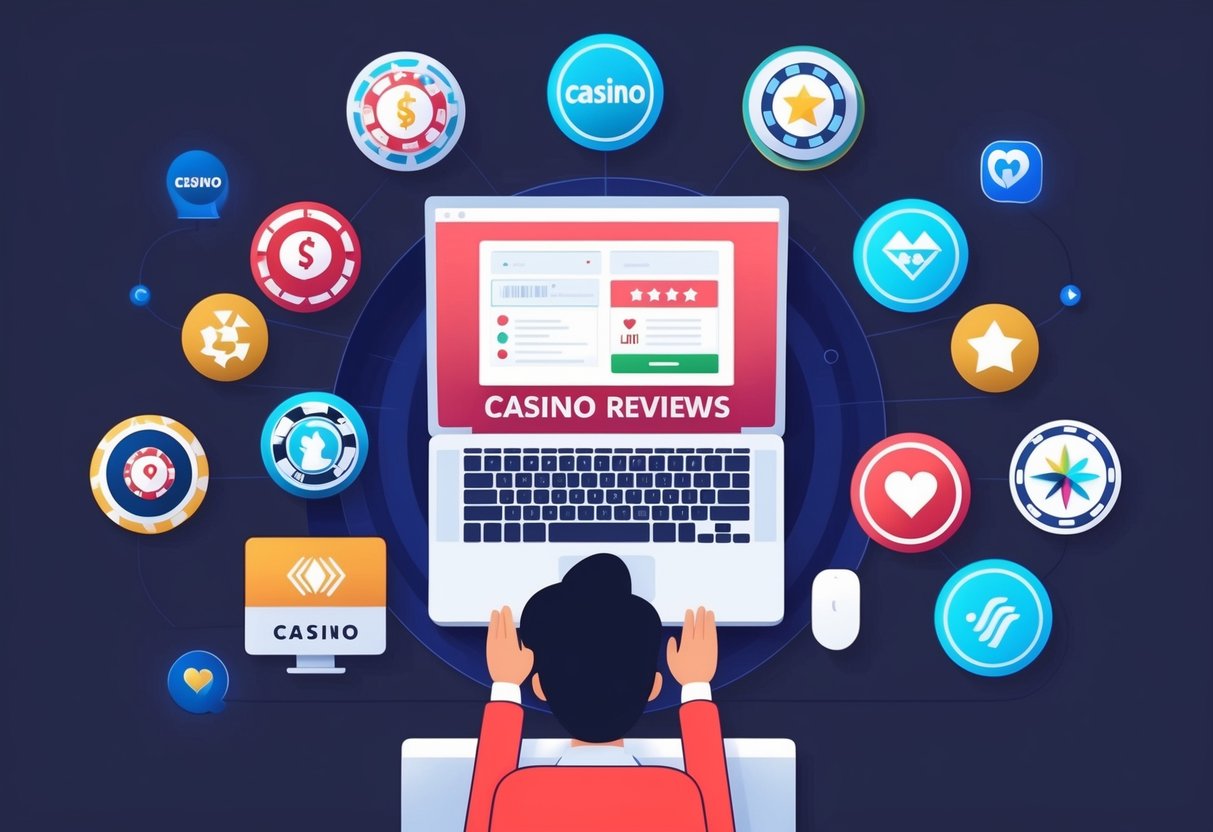 A person analyzing casino reviews on a computer, surrounded by various casino game icons and software logos.