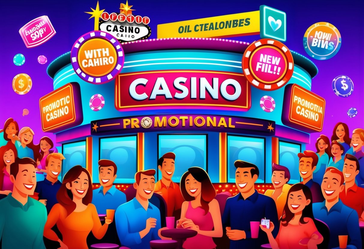 A colorful casino with various signs and promotional symbols, surrounded by happy and engaged customers.