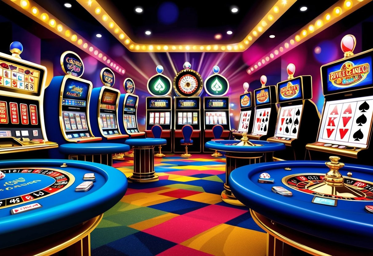 A colorful array of casino games, including slot machines, poker tables, and roulette wheels, against a backdrop of flashing lights and a lively atmosphere.