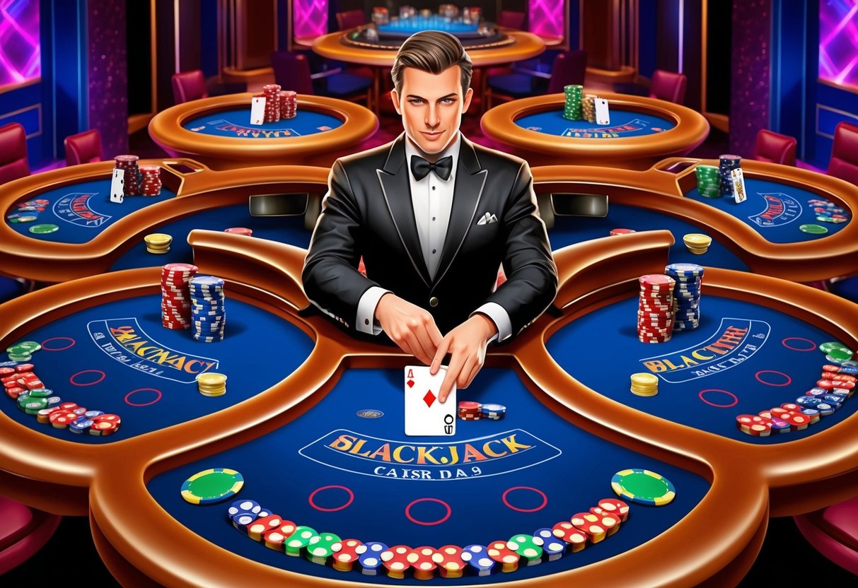 A group of five blackjack tables in a vibrant casino setting, with colorful chips and cards dealt by the dealer.