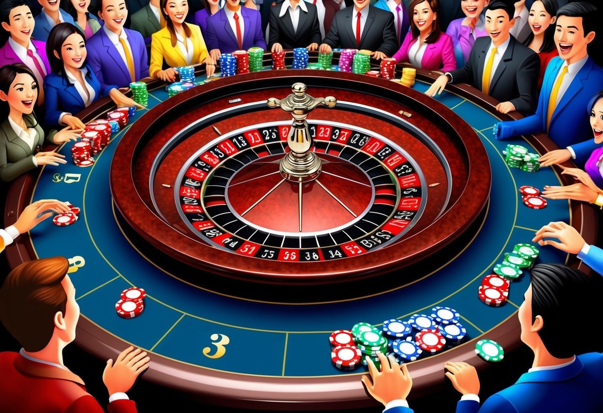 A roulette wheel surrounded by colorful casino chips and a crowd of excited beginners placing their bets