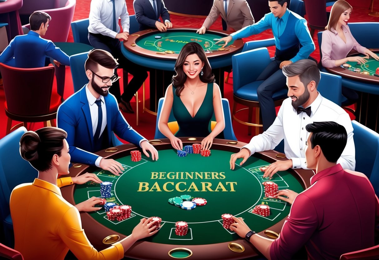 A group of beginners playing Baccarat at an animated casino table