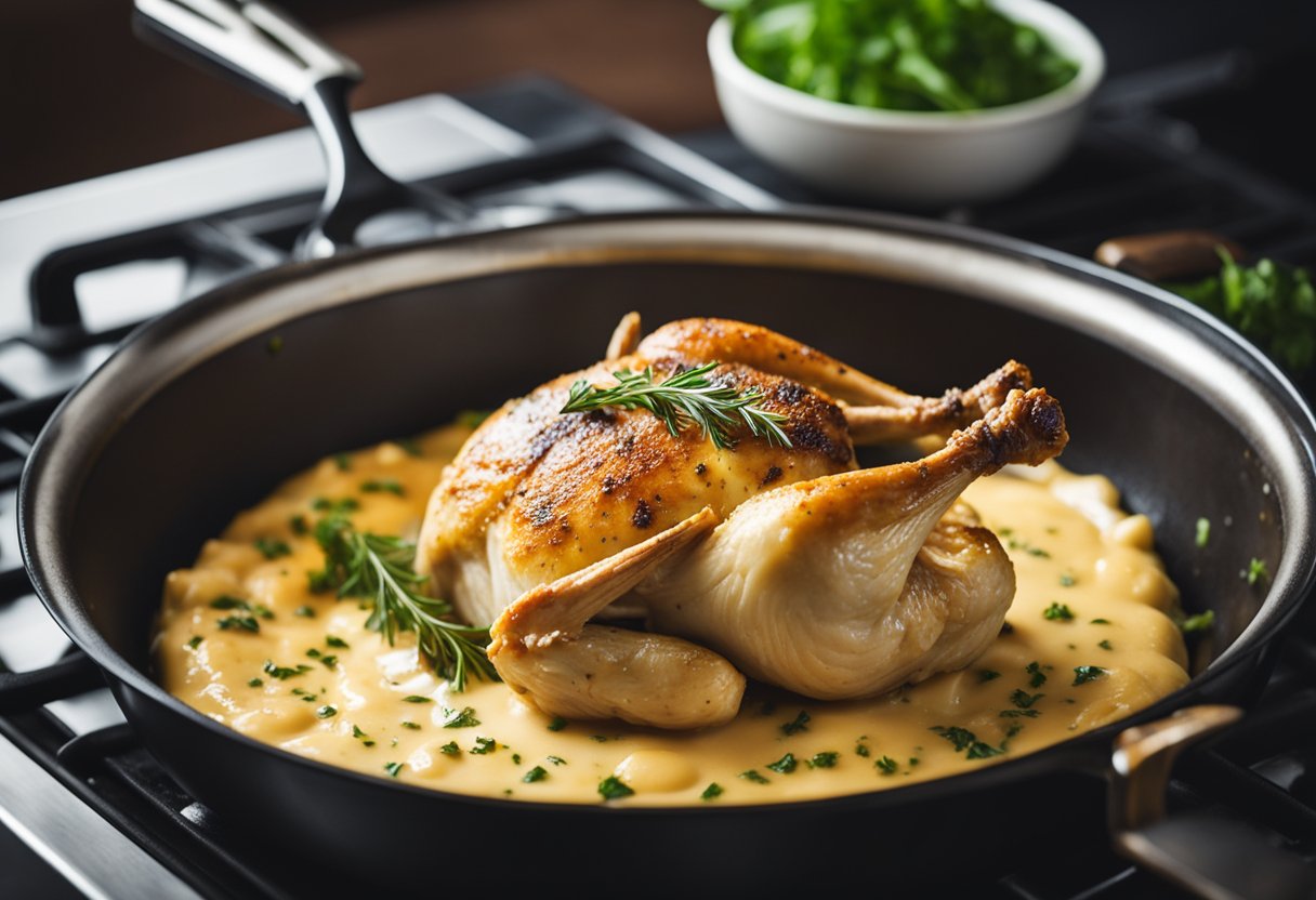 Um frango inteiro sendo temperado e preparado com ervas e molho de queijo, então colocado no forno