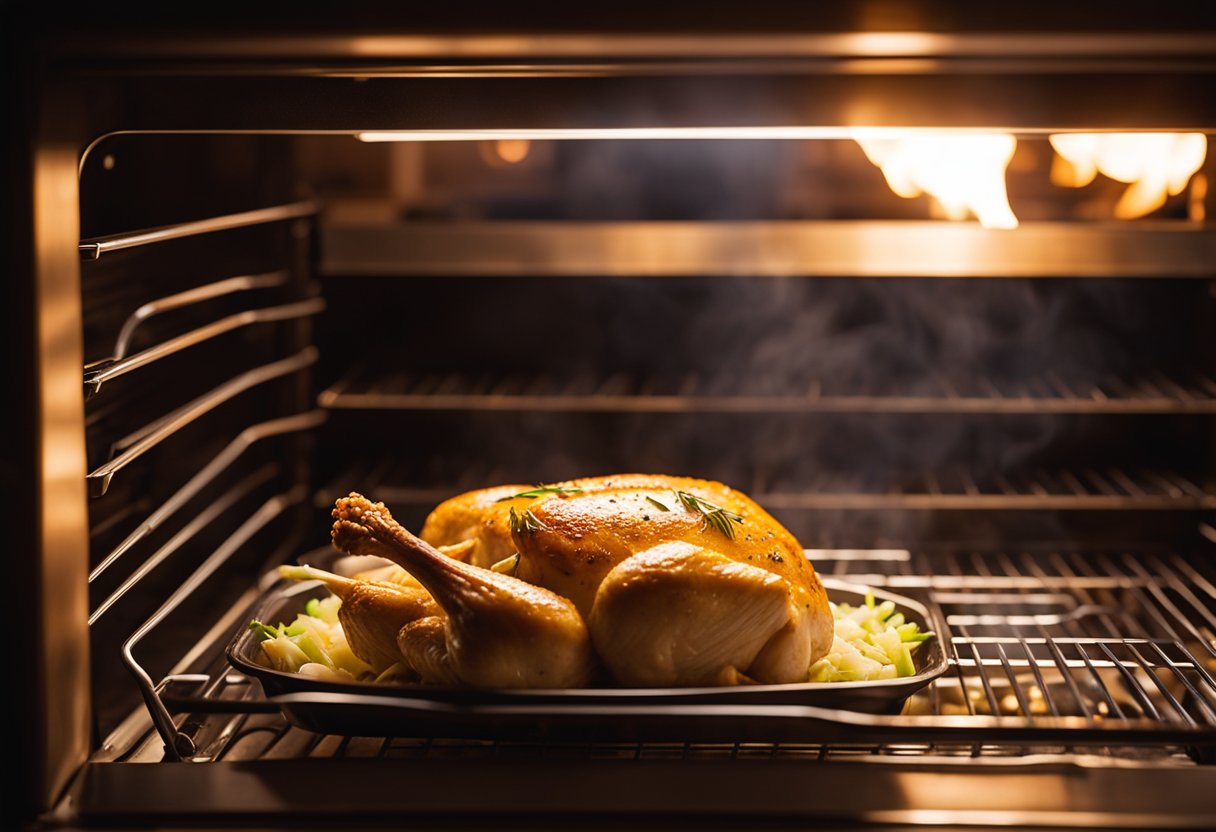 Um frango inteiro assando no forno, coberto com um molho cremoso de queijo e finas ervas, cercado pelo calor acolhedor do interior do forno.