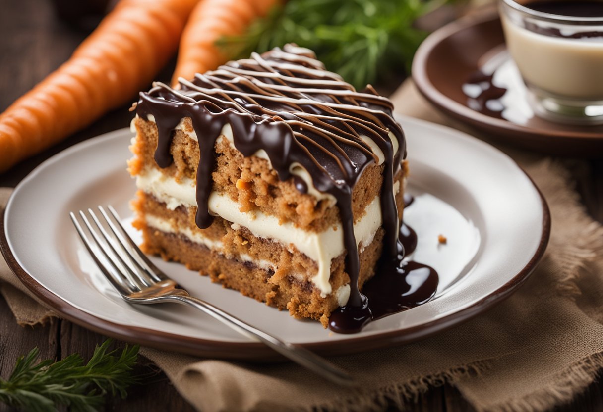 Um bolo de cenoura fofo com cobertura cremosa de brigadeiro está sobre uma mesa de madeira rústica, cercado por cenouras frescas e um fio de molho de chocolate.