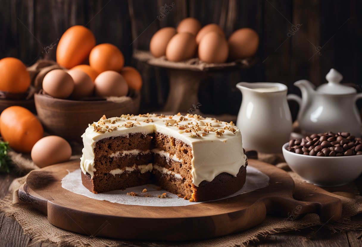 Um bolo de cenoura fofo com cobertura cremosa de brigadeiro está sobre uma mesa de madeira rústica, cercado por cenouras frescas, ovos, farinha e chocolate para a receita.