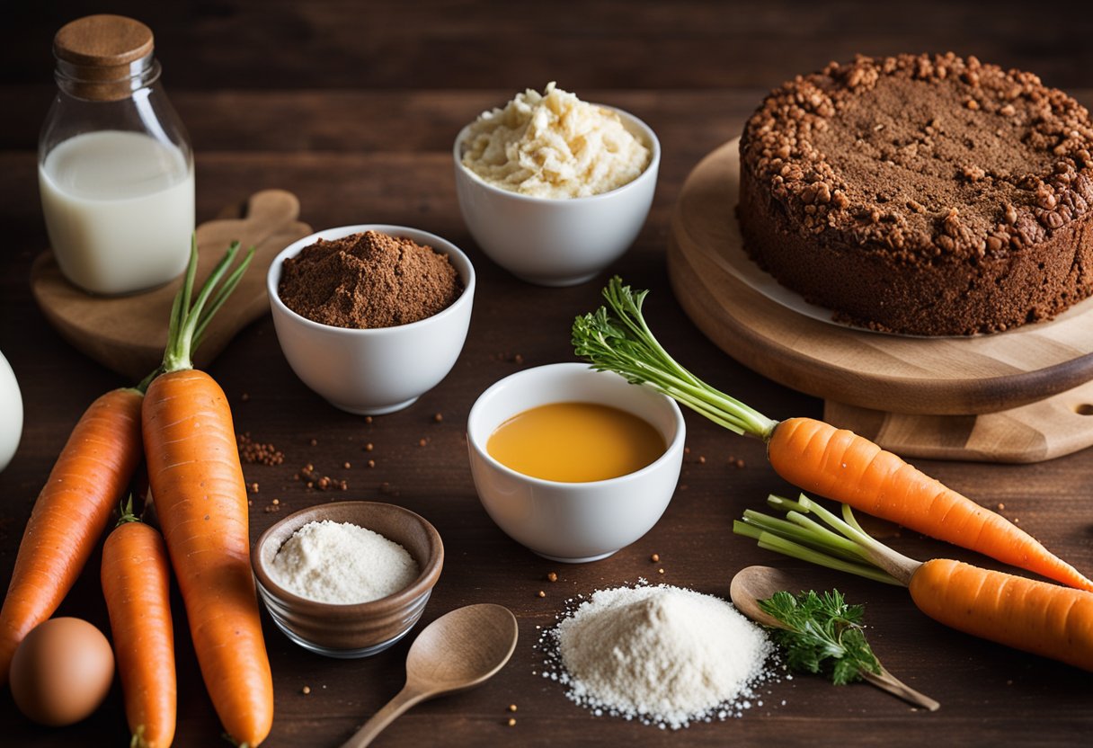 Uma bancada de cozinha rústica com ingredientes para bolo de cenoura e cobertura cremosa de brigadeiro, incluindo cenouras frescas, farinha, ovos, cacau em pó e leite condensado.