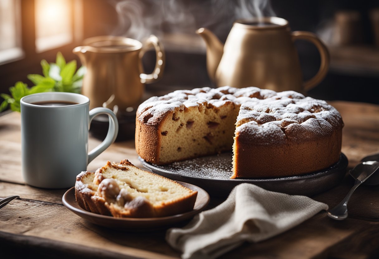 Uma cena de cozinha aconchegante com um bolo de café recém-assado em uma mesa rústica de madeira, acompanhado por uma xícara fumegante de café e um jarro de leite.