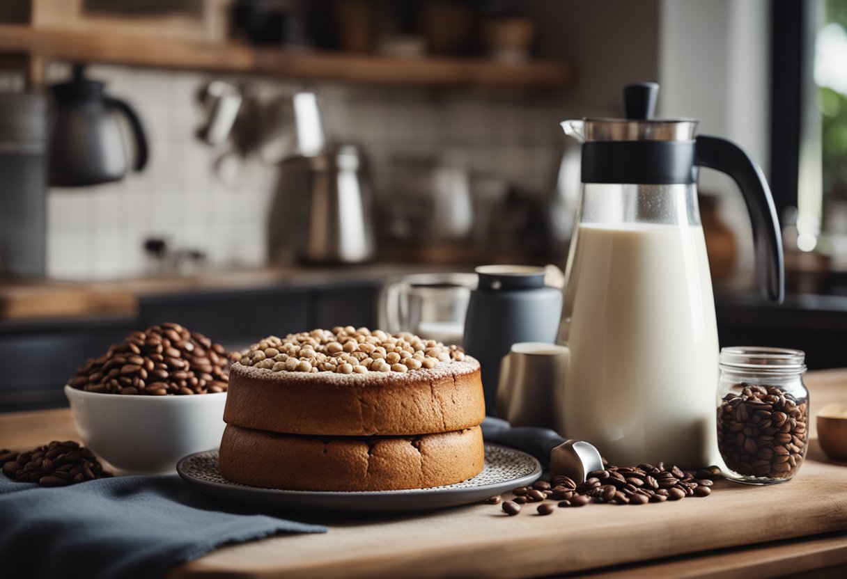 Uma cozinha aconchegante com uma cafeteira vintage, um saco de grãos de café, uma garrafa de leite e uma tigela de mistura com ingredientes para um bolo de café