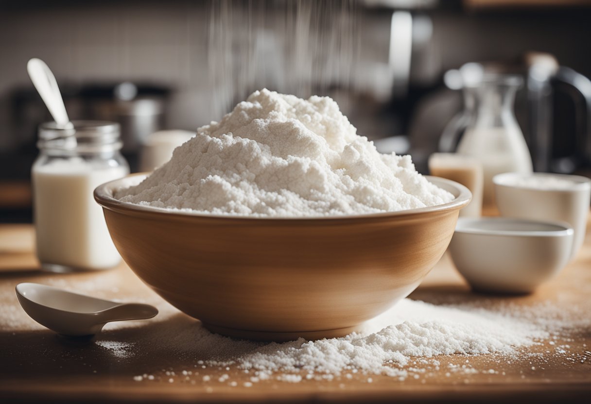 Uma tigela de mistura cheia de farinha, açúcar e café, cercada por uma caixa de leite e um batedor em uma bancada de cozinha