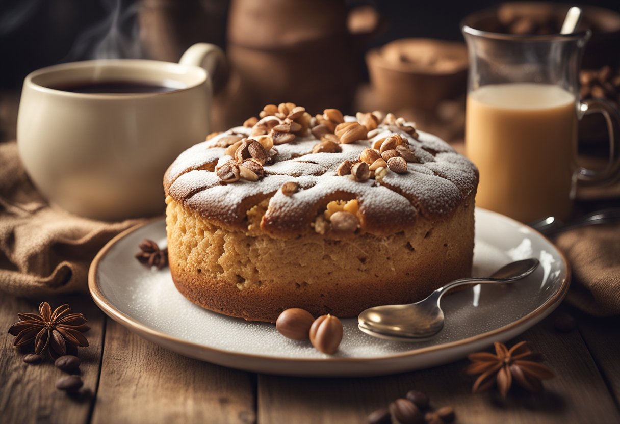 Uma cena de cozinha aconchegante com um bolo de café recém-assado em uma mesa de madeira rústica, acompanhado por uma xícara de café fumegante e um bule de chá floral vintage.