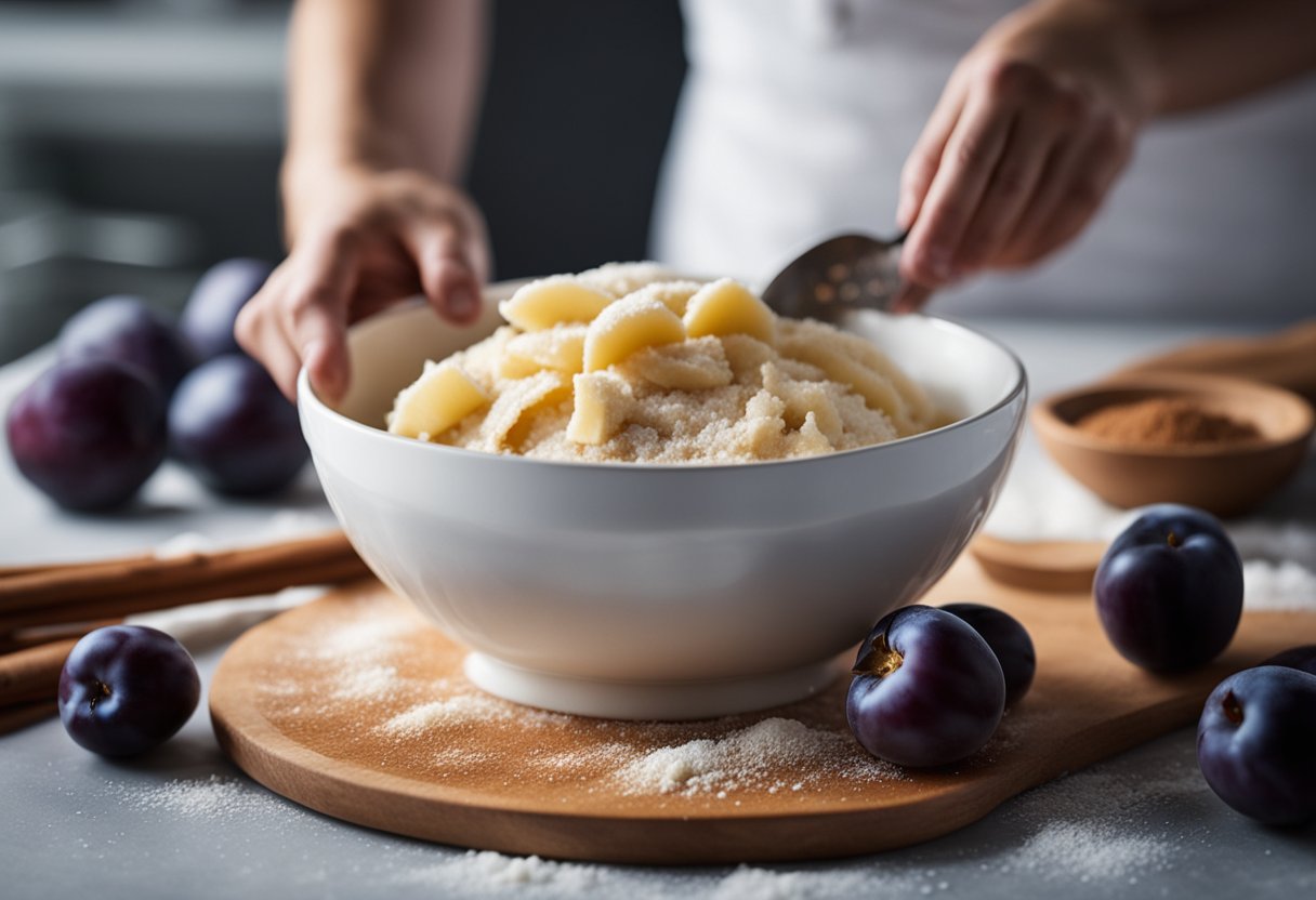 Um simples bolo de ameixa sendo misturado em uma tigela, com ingredientes como farinha, açúcar e canela em uma bancada de cozinha.