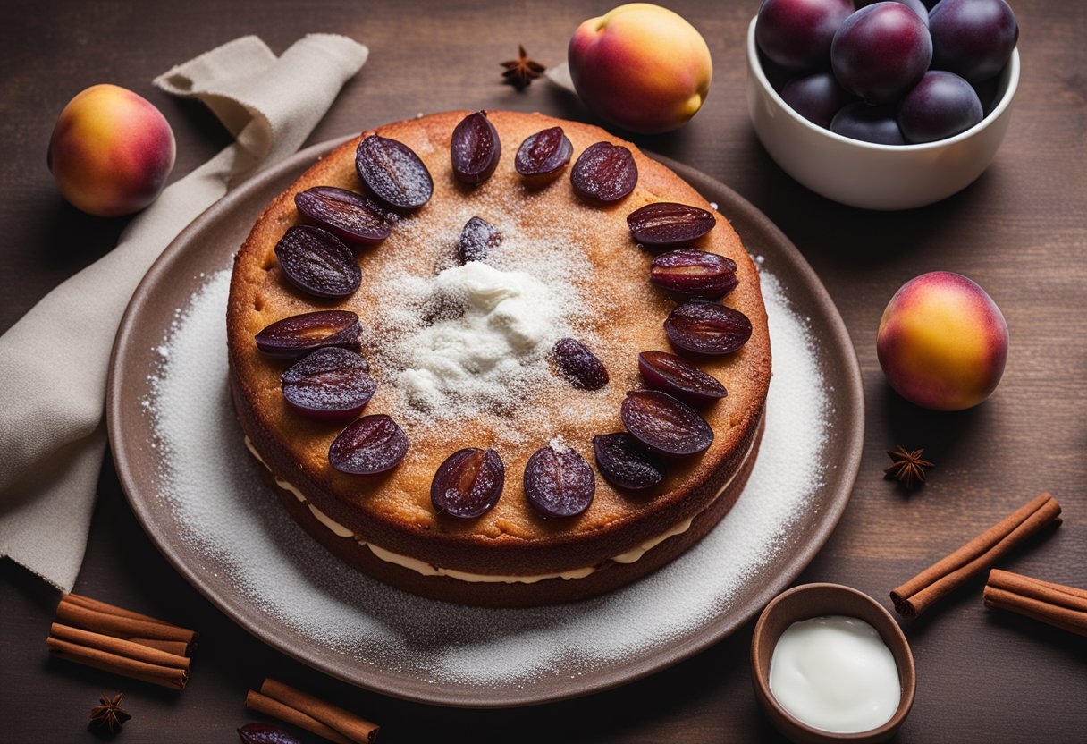 Uma bancada de cozinha com ingredientes para bolo de ameixa e canela dispostos, uma tigela de mistura e um livro de receitas aberto em uma página com o título "Bolo de Ameixa e Canela Fácil e Rápido"