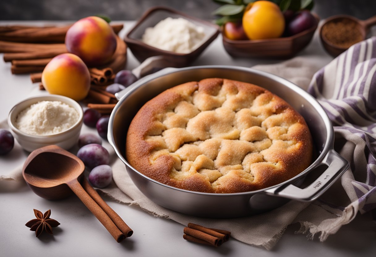 Um simples bolo de ameixa com canela, ingredientes dispostos em uma bancada de cozinha, uma tigela de mistura e um batedor prontos para o preparo