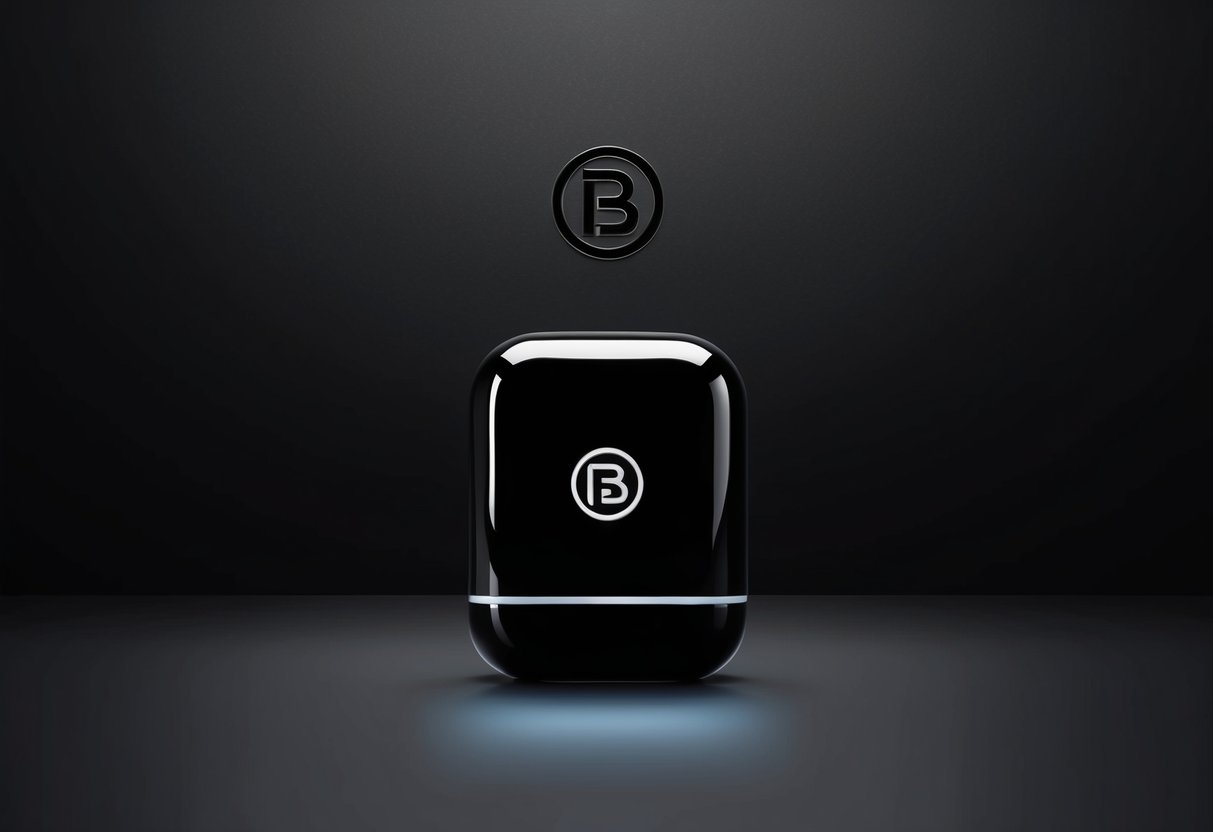 A sleek black logo on a matte black background, with a glossy black product standing out in the foreground