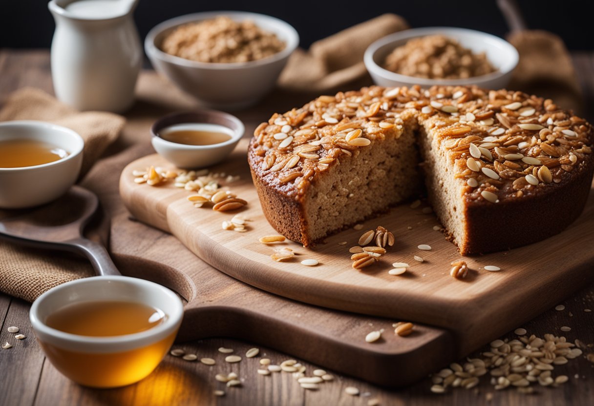 Uma bancada de cozinha rústica com um bolo de aveia e mel recém-assado em uma tábua de madeira, cercado por aveia espalhada e um fio de mel.