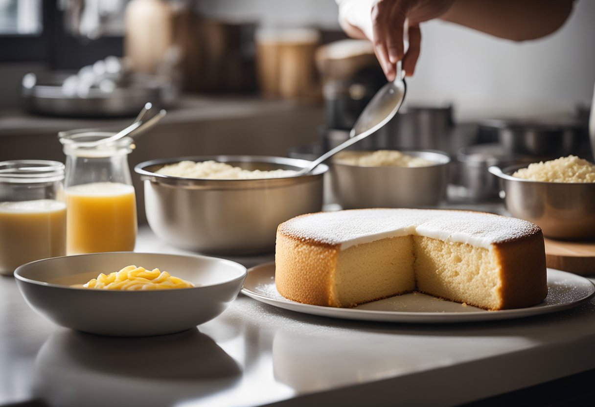 Um bolo de leite condensado cremoso e fácil sendo preparado em uma cozinha bem iluminada, com ingredientes e utensílios organizados de forma ordenada na bancada.