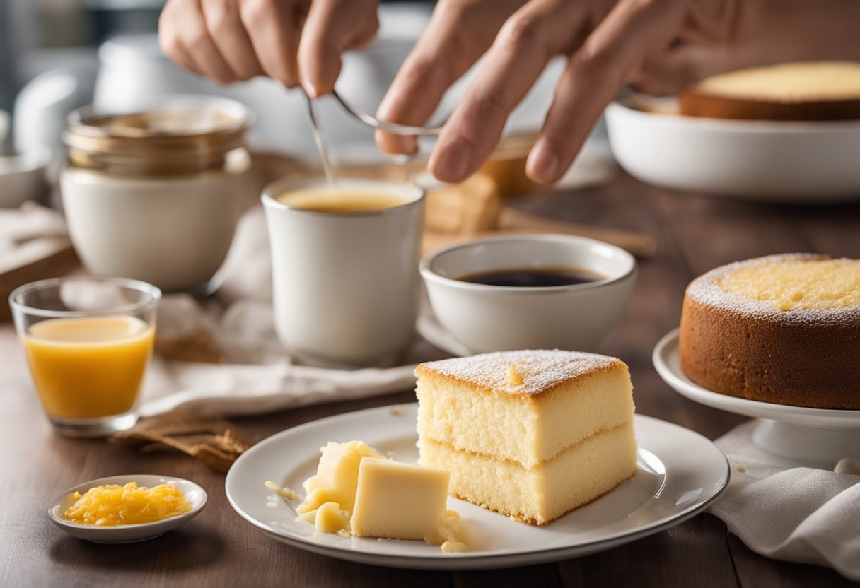 Um bolo de leite condensado cremoso e fácil sendo preparado com ingredientes e possíveis substituições dispostos em uma bancada de cozinha.