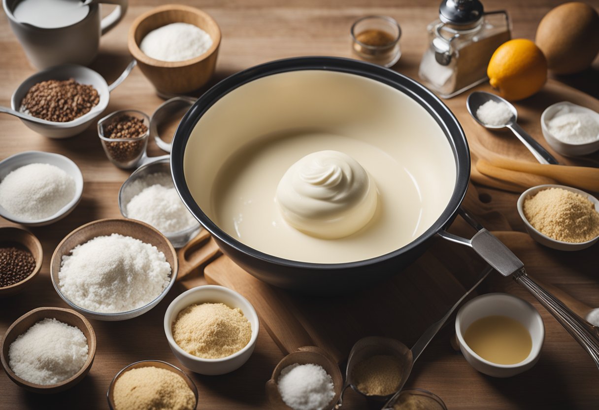 Uma tigela de mistura cheia de ingredientes para bolo de leite condensado cremoso, cercada por colheres medidoras e um batedor em uma bancada de cozinha