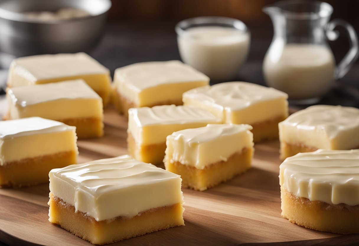 Um bolo de leite condensado cremoso e fácil de fazer sendo preparado em uma cozinha bem iluminada, com os ingredientes organizados de forma ordenada em uma bancada de madeira.