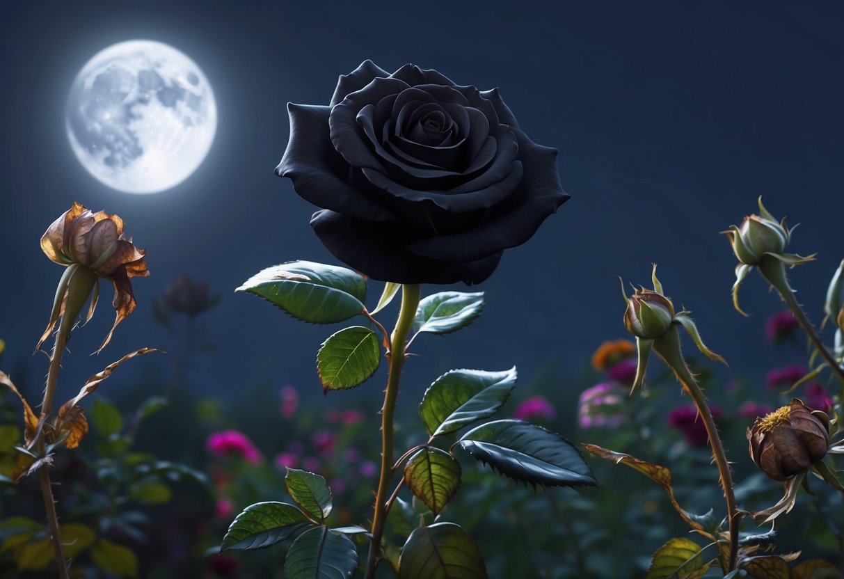 A lone black rose blooming amidst wilted flowers in a moonlit garden