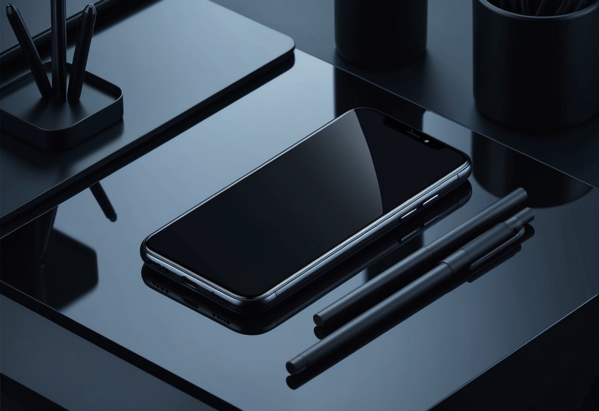 A sleek black smartphone rests on a glossy black desk, surrounded by matte black office supplies. The room is dimly lit, creating a moody atmosphere