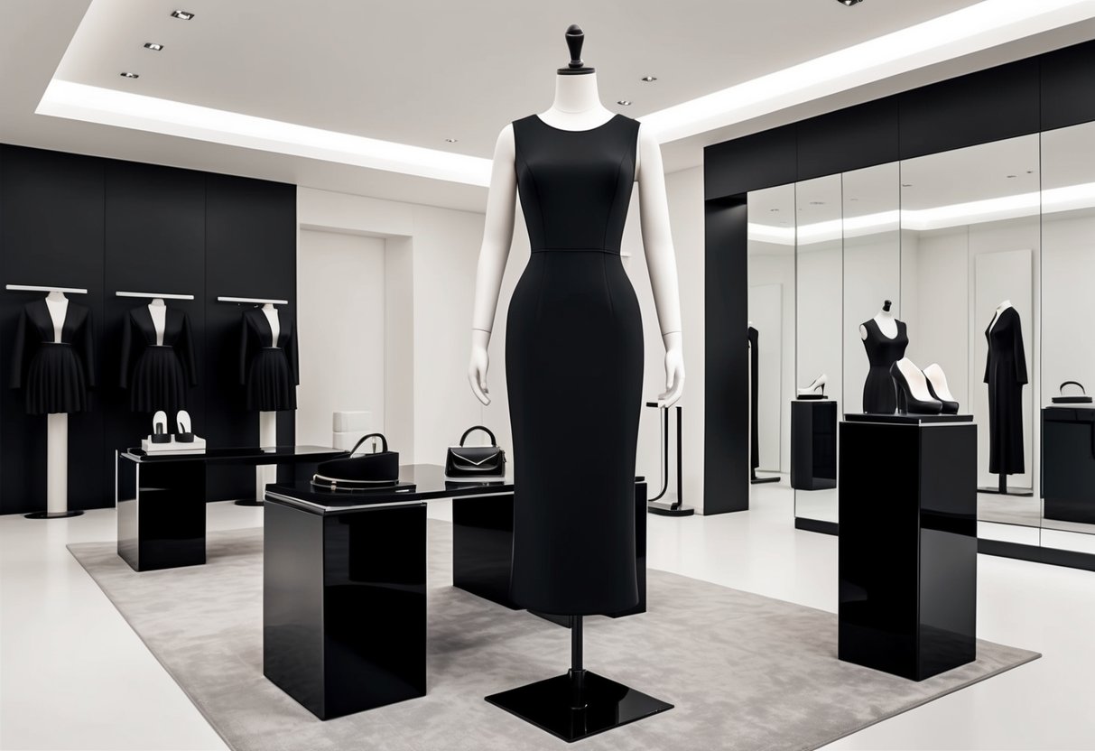 A sleek black dress on a mannequin, surrounded by minimalist black furniture and accessories in a high-end fashion boutique