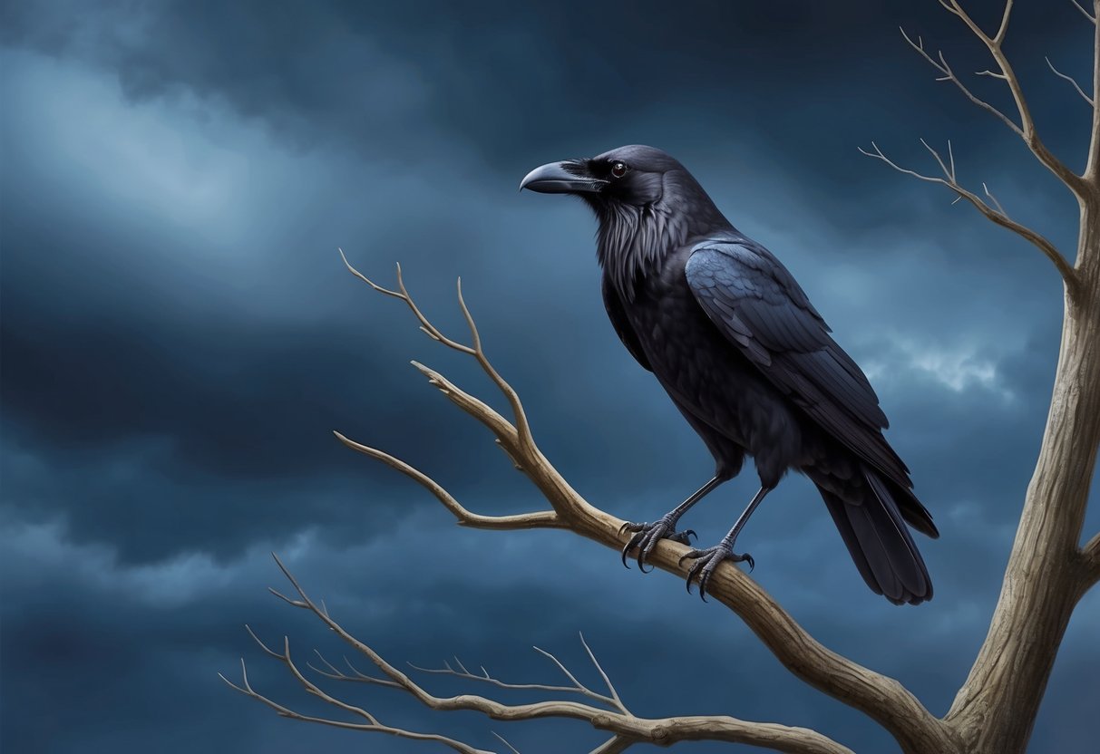 A lone raven perched on a leafless tree against a dark, stormy sky