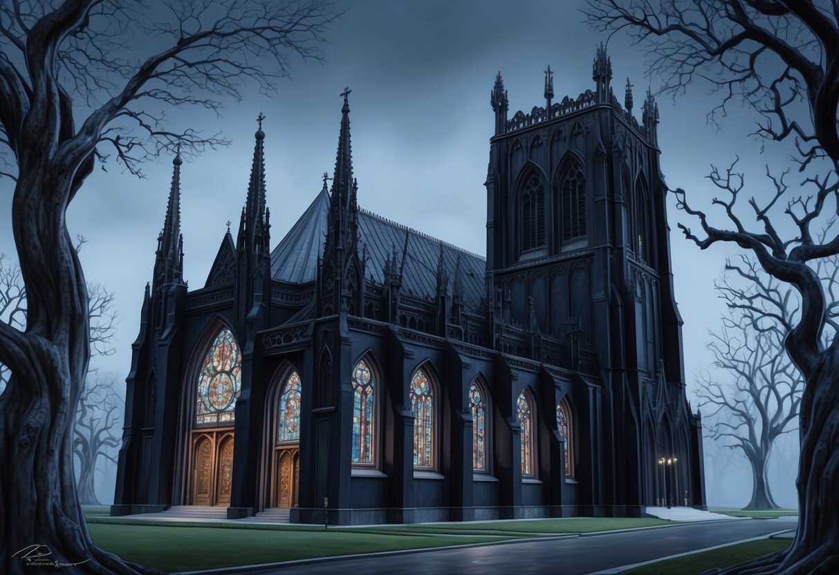 A dark, ornate cathedral with towering spires and intricate stained glass windows, surrounded by gnarled, leafless trees