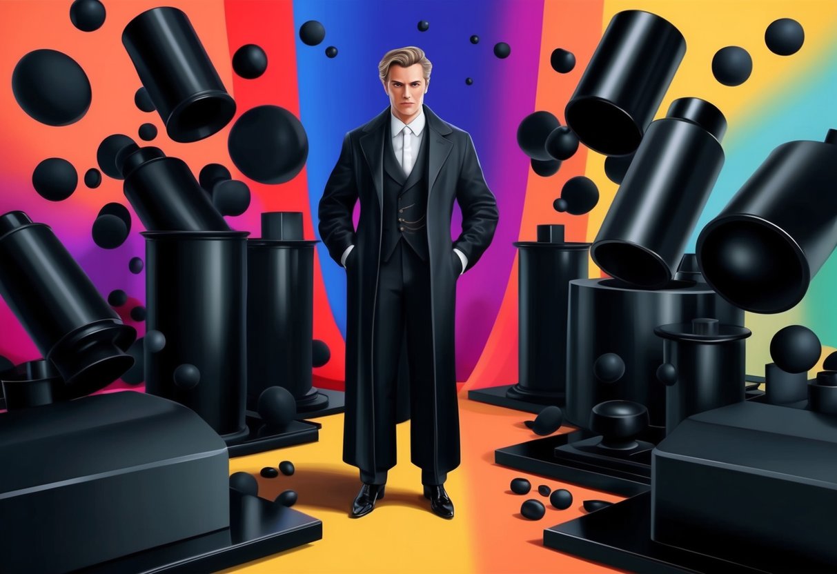 A figure surrounded by black objects, contrasting with a colorful background, evoking a sense of mystery and sophistication