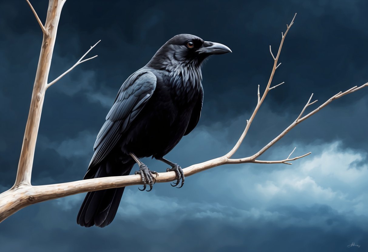 A lone black crow perched on a bare tree branch against a dark, stormy sky