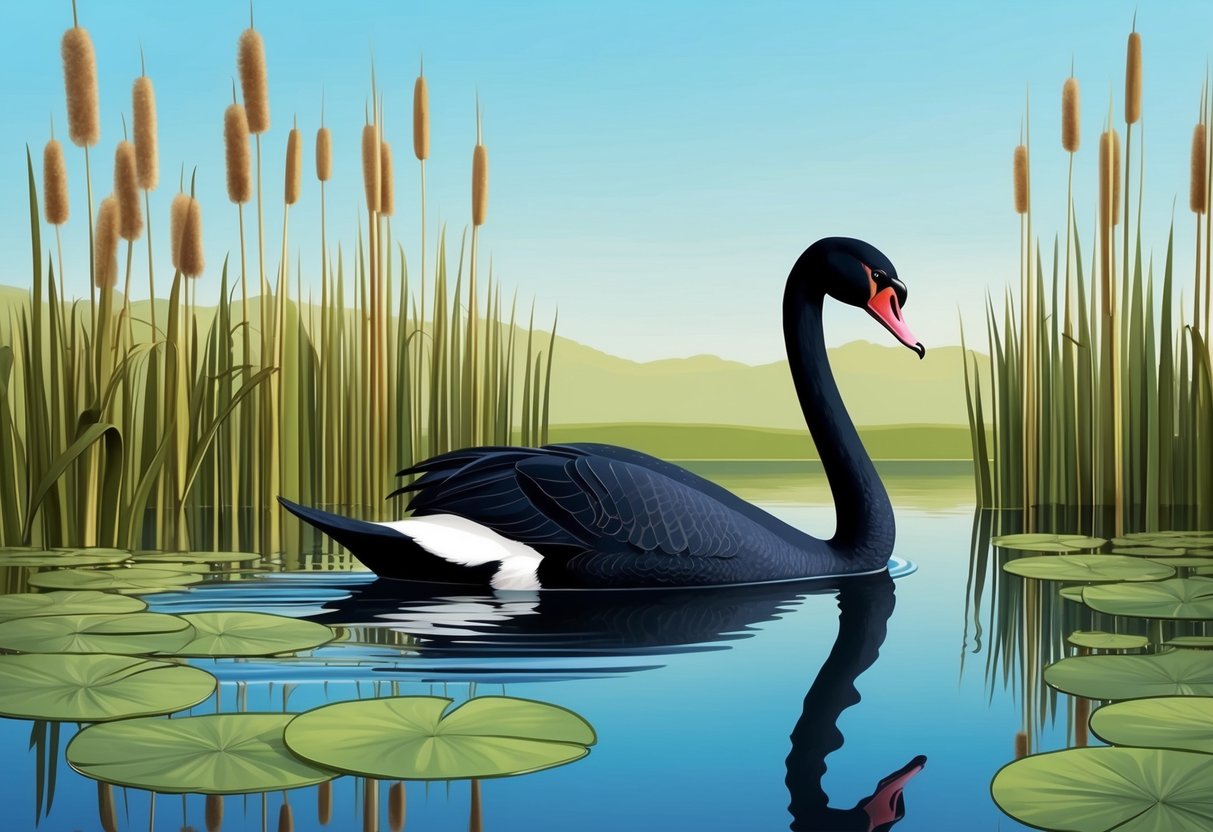 A sleek black swan glides across a reflective pond, surrounded by tall, elegant cattails and lily pads